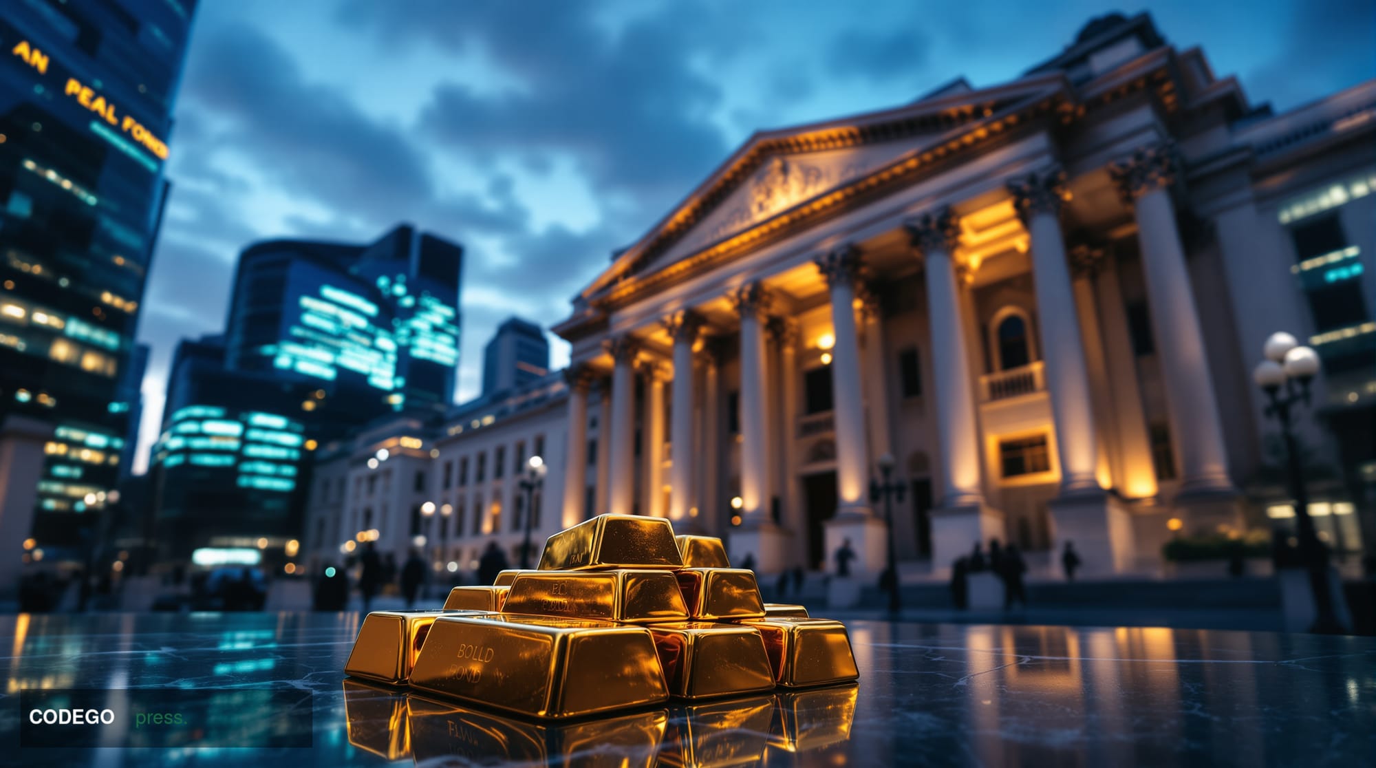A cinematic editorial photograph of the Bank of England and surrounding City of London financial district at dusk, shot from 