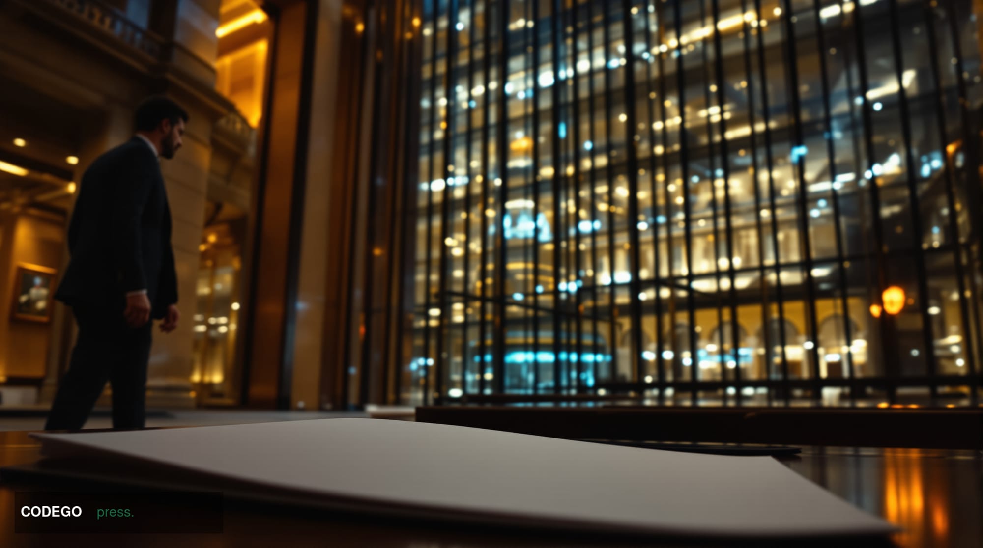 A cinematic editorial photograph shot from a low angle looking up at the imposing glass-and-steel façade of a major London fi