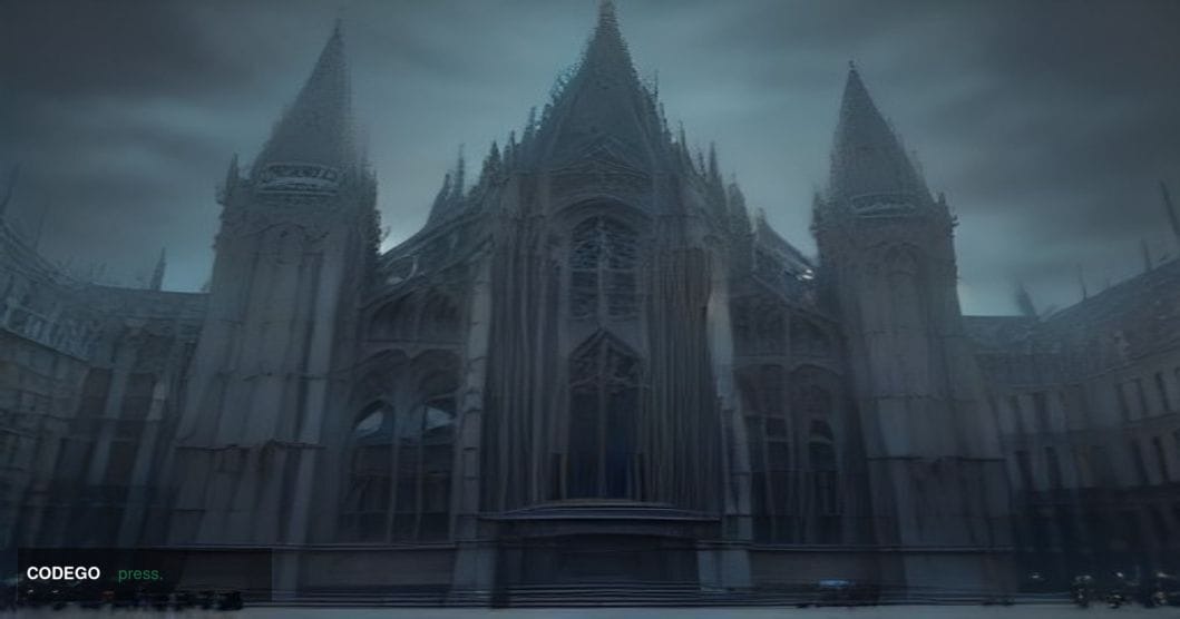 A dramatic wide-angle shot of the exterior of the Royal Courts of Justice on the Strand in London, captured at dusk with over