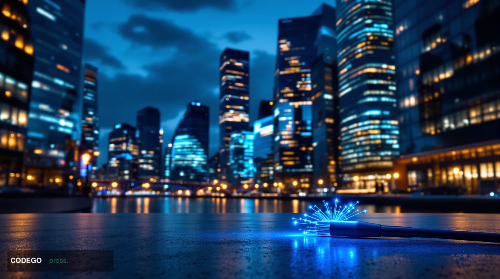 A cinematic editorial photograph of the City of London financial district at dusk, viewed from a low angle looking upward tow