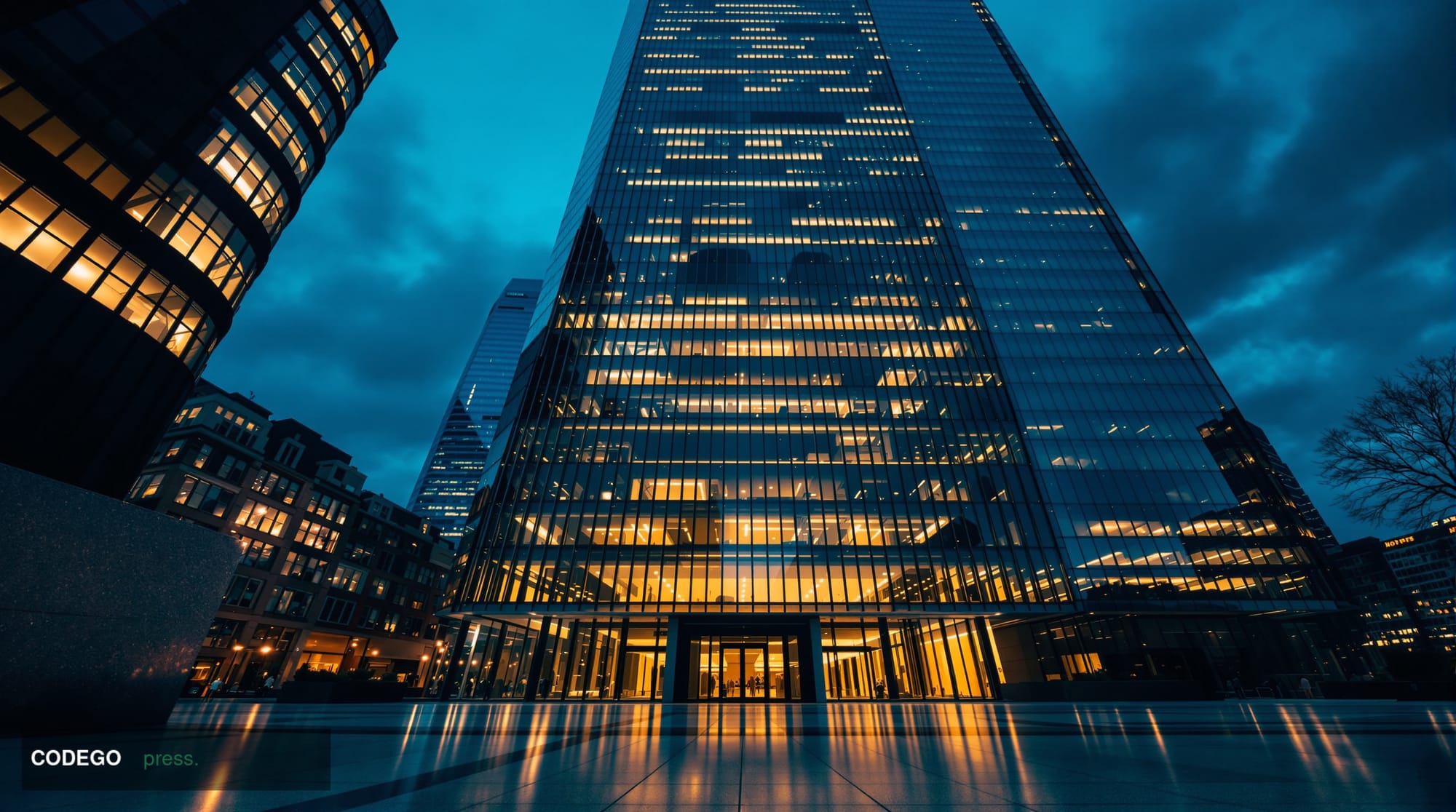 A cinematic editorial photograph capturing the exterior of a major London financial district glass-and-steel office tower at 