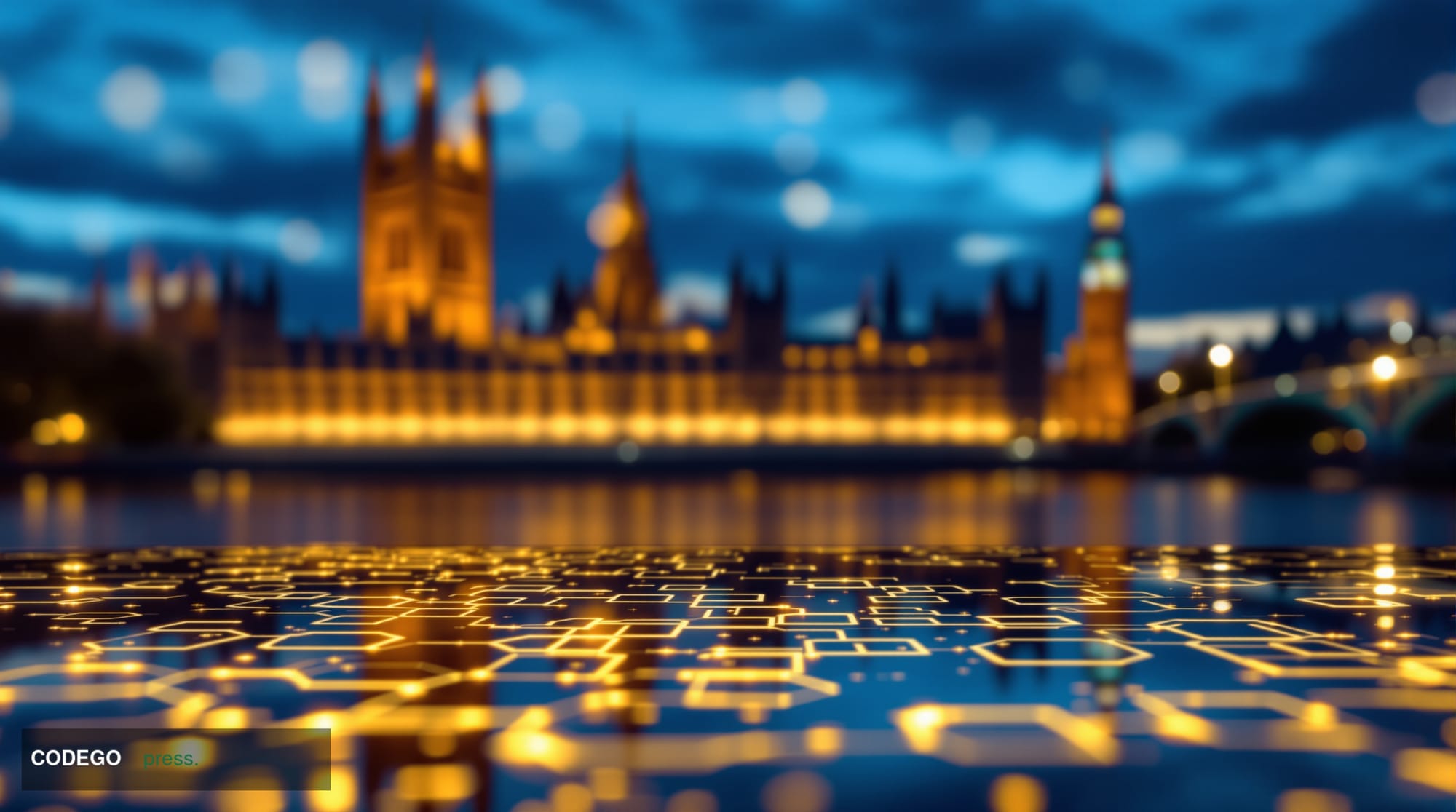 A wide-angle cinematic shot of the Palace of Westminster's iconic Gothic stone façade reflected in the River Thames at dusk, 