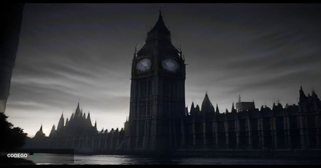 A cinematic editorial photograph of the Palace of Westminster viewed from across the Thames at dusk, its Gothic stone towers 