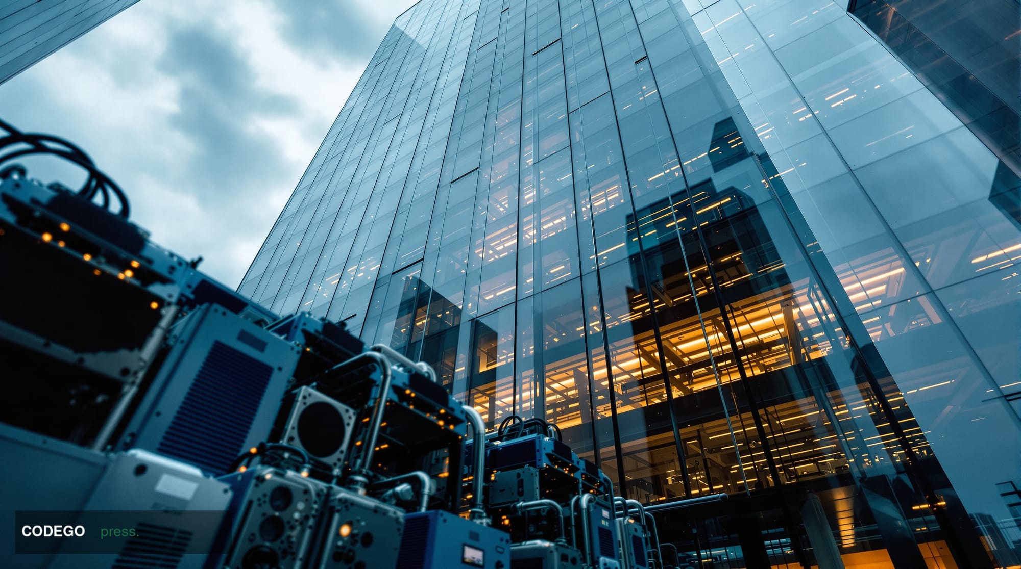 A cinematic editorial photograph shot from a low angle looking up at a sleek, modernist glass-and-steel government regulatory