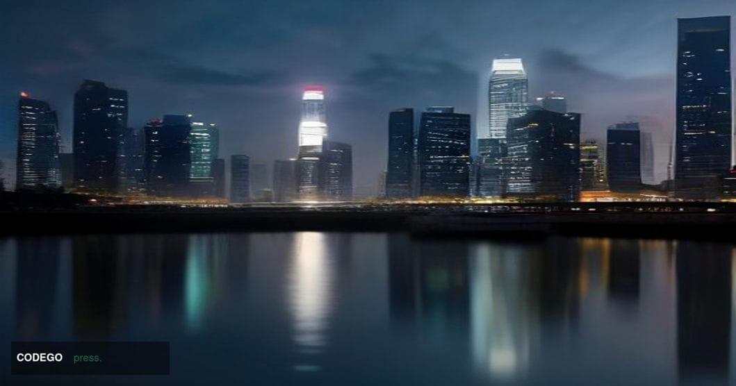 A cinematic editorial photograph set at the financial district waterfront of Singapore, with the recognisable Marina Bay skyl