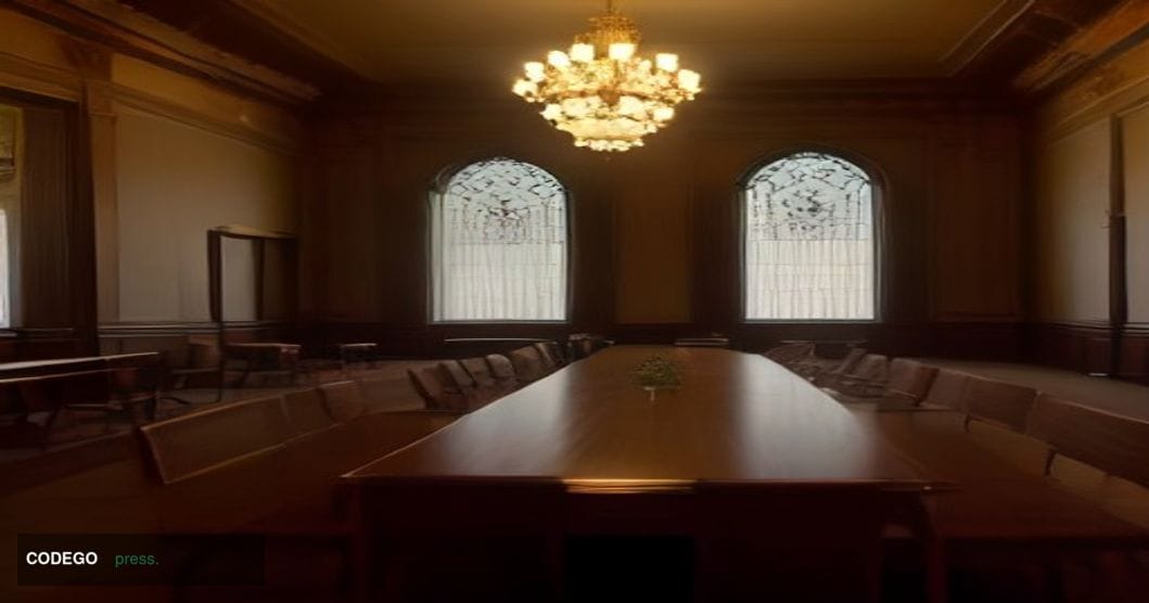 A cinematic editorial photograph set inside a grand federal-style financial institution conference hall, shot from a low wide