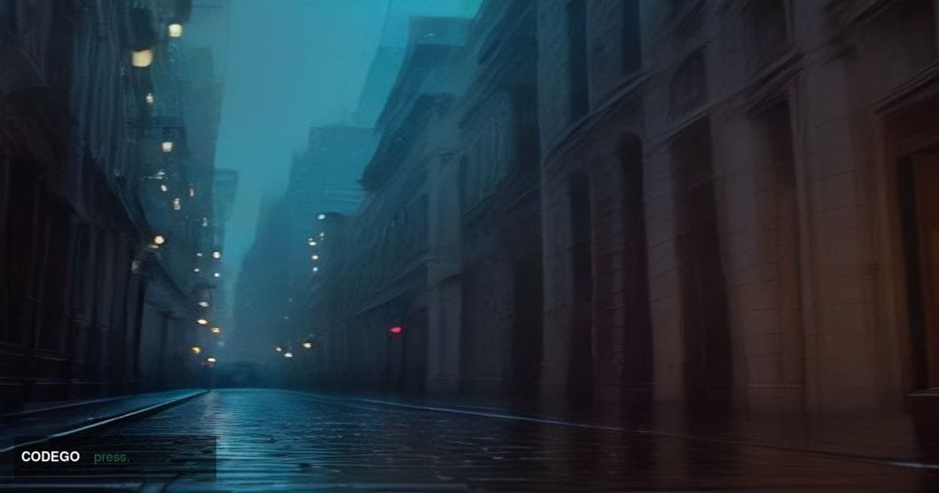 A wide-angle cinematic shot of a grand American banking district at dusk, featuring a row of neoclassical stone-columned bank
