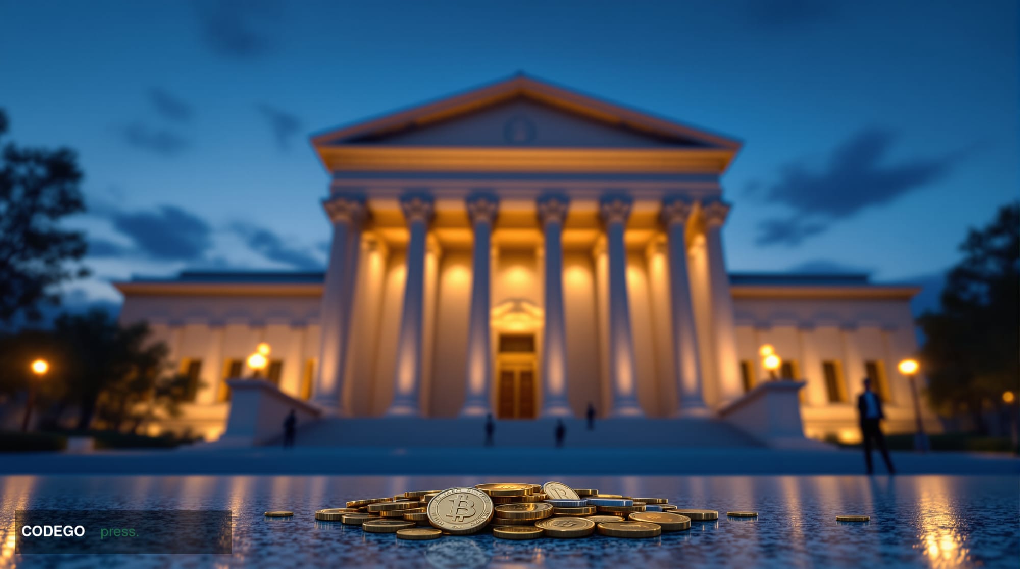 A grand neoclassical American bank building exterior photographed at dusk from a low angle, its massive stone columns and orn