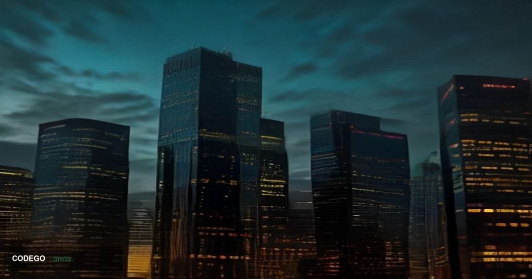 A dramatic split-composition cinematic editorial photograph shot from a low angle at dusk, with the left half dominated by th