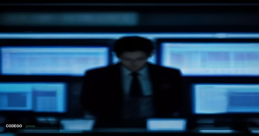A cinematic editorial photograph set in a high-stakes Tokyo foreign exchange trading floor, late Sunday evening, with rows of