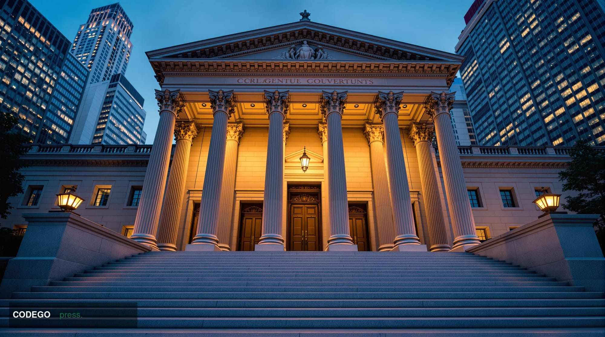 A grand neoclassical federal banking authority building exterior photographed at dusk from a low-angle wide shot, its imposin