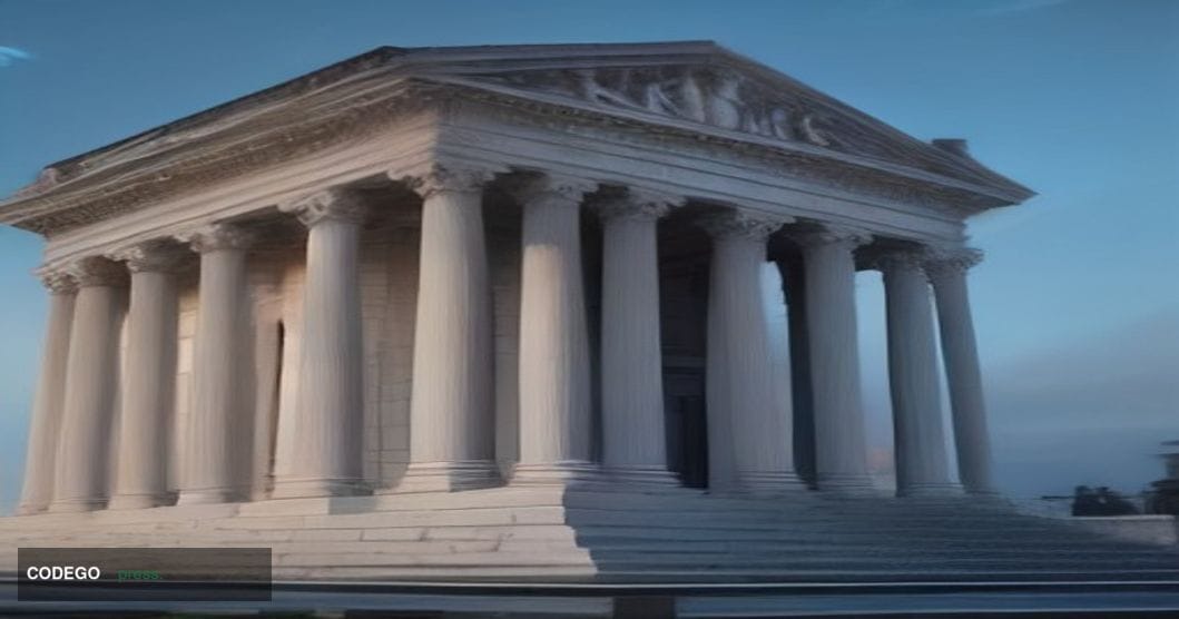 A dramatic wide-angle photorealistic editorial photograph of a grand neoclassical American bank building facade at dusk, its 