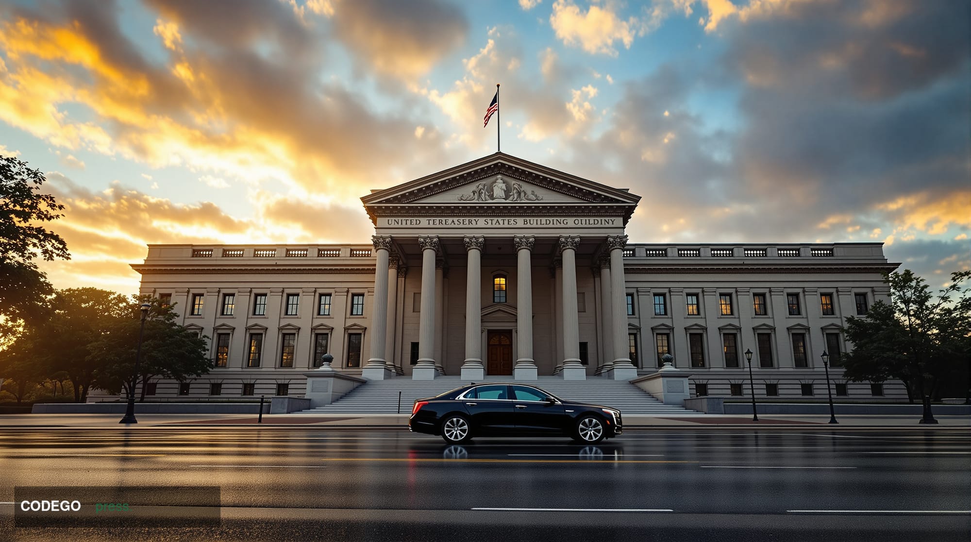 A wide-angle cinematic editorial photograph of the exterior of the United States Treasury Building in Washington D.C., captur