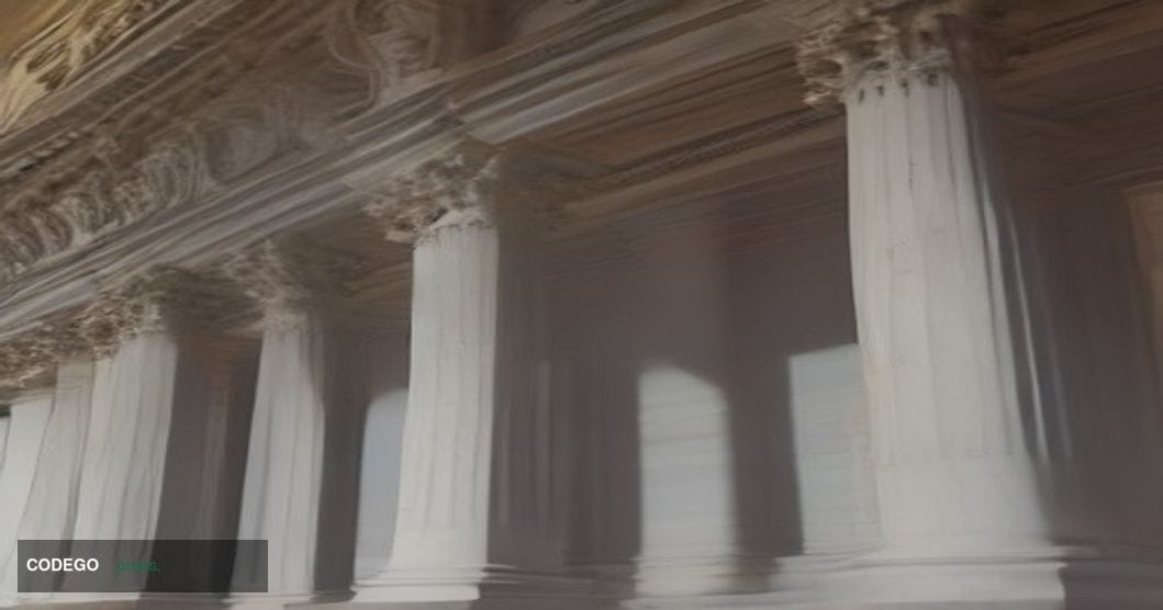 A cinematic editorial photograph shot from a low angle looking upward at the neoclassical stone columns and grand facade of t