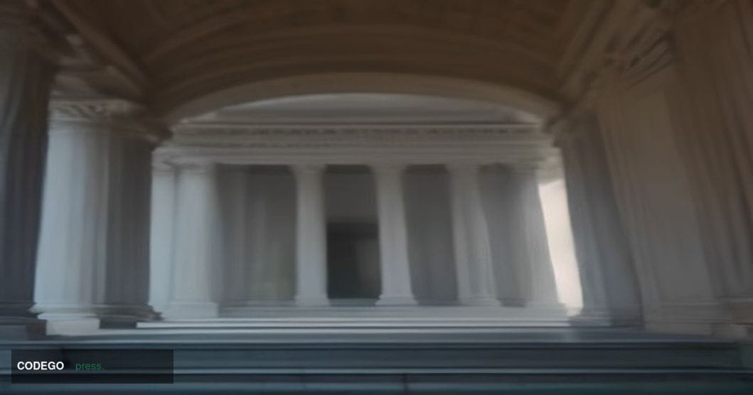 A photorealistic cinematic editorial photograph of the United States Treasury Building in Washington D.C., shot from a low-an