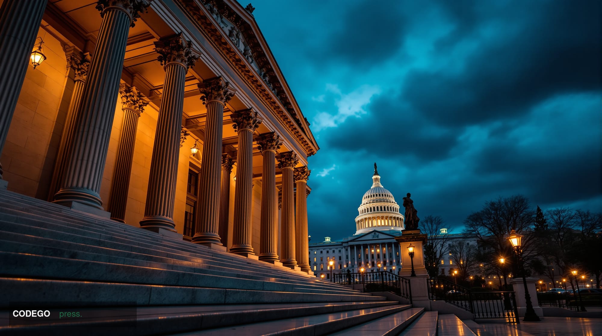 A cinematic editorial photograph shot from a low angle looking up at the imposing neoclassical stone facade of the U.S. Treas