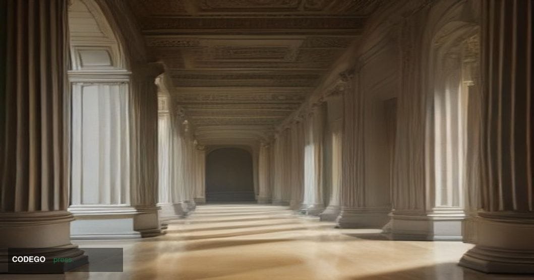 A cinematic editorial photograph set inside a grand neoclassical government financial building, evoking the U.S. Treasury's W