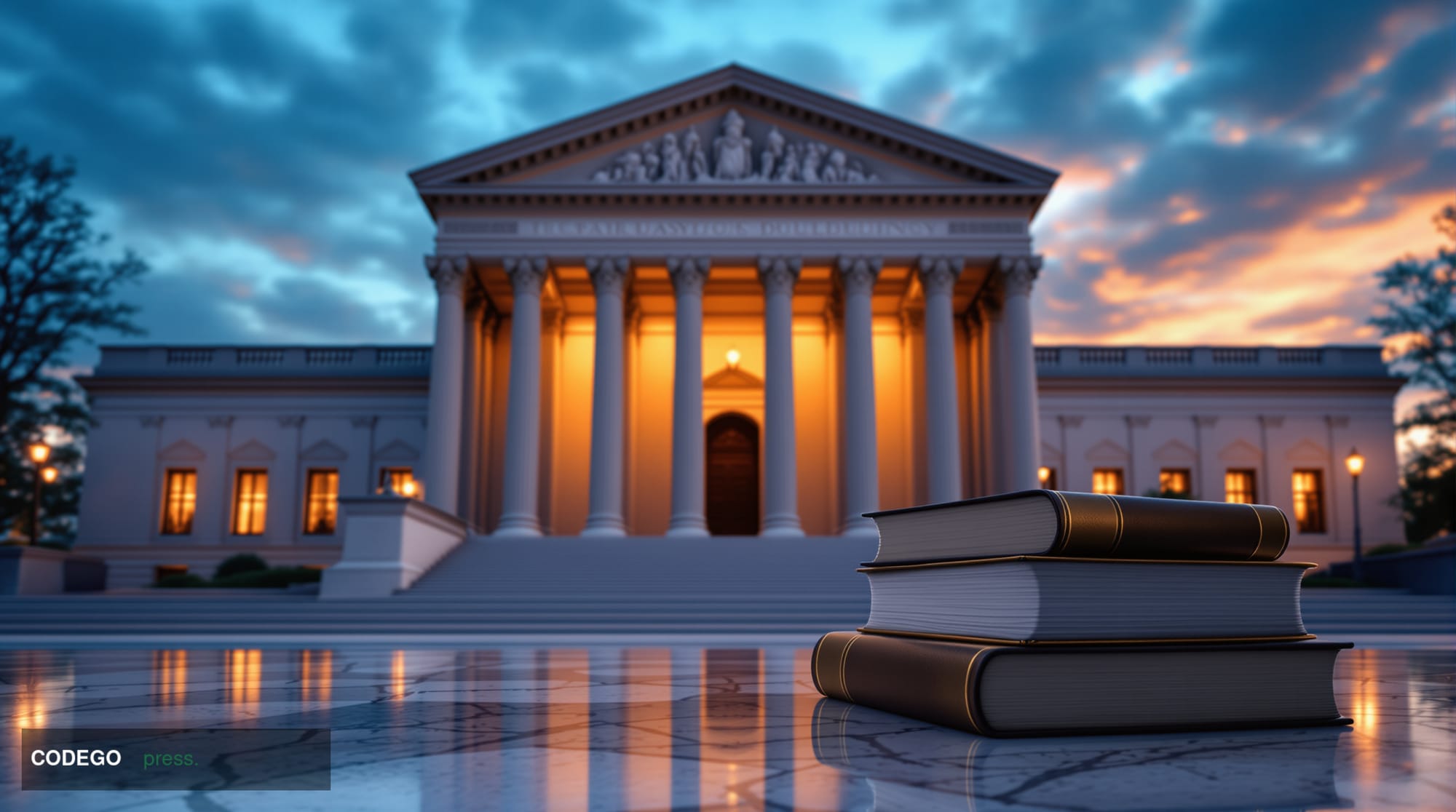 A dramatic wide-angle shot of the neoclassical US Treasury Building in Washington D.C. at dusk, its iconic granite columns ca