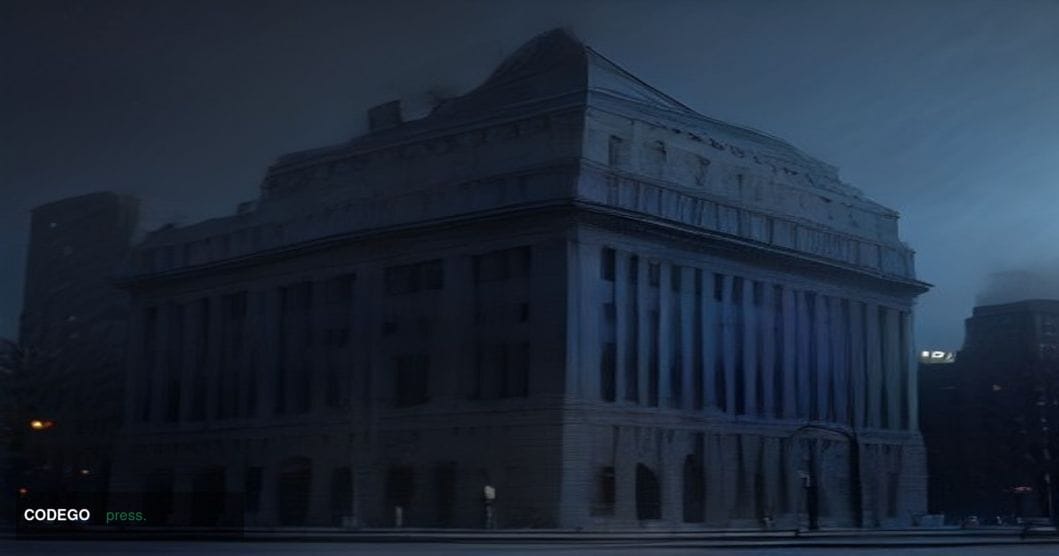 A cinematic editorial photograph set in a dramatic financial war-room environment, split between two visual anchors: on the l