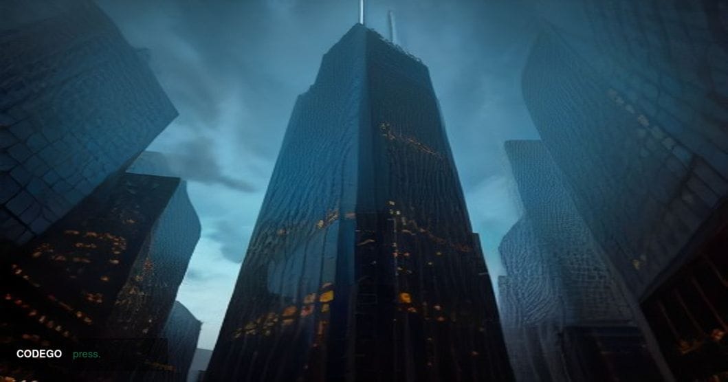 A cinematic editorial photograph of a grand Chicago financial district street scene at dusk, shot from a low wide-angle persp