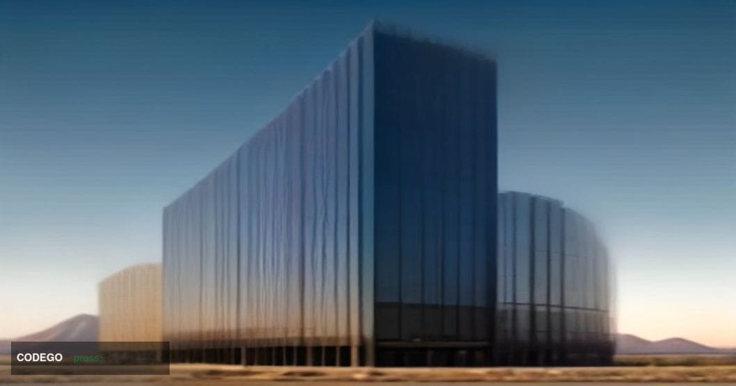 A cinematic editorial photograph of a sleek, modern glass-and-steel low-rise office building set against the dramatic high-de