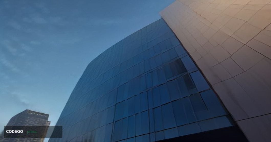 A cinematic editorial photograph shot from a low angle looking up at a grand institutional financial campus building — a mass