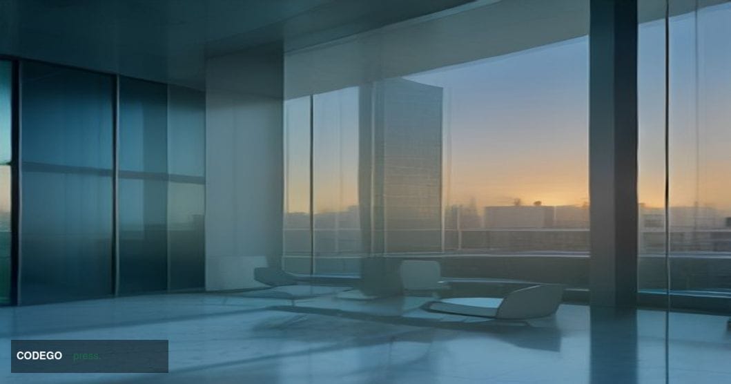 A cinematic editorial photograph of a grand, glass-and-steel corporate campus reminiscent of a major asset management firm's 