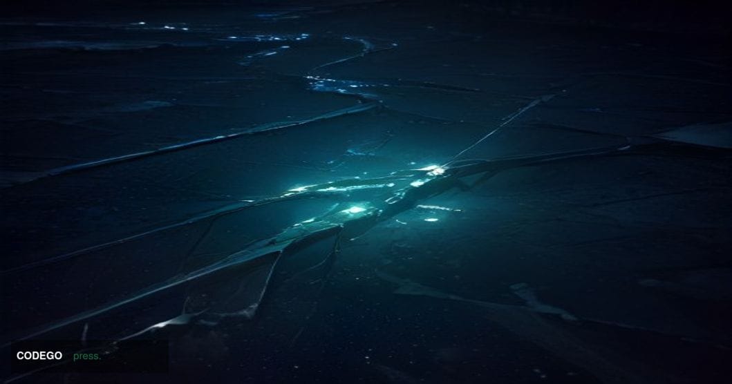 A cinematic editorial photograph depicting a cracked and fractured digital bridge structure rendered in dark metallic materia