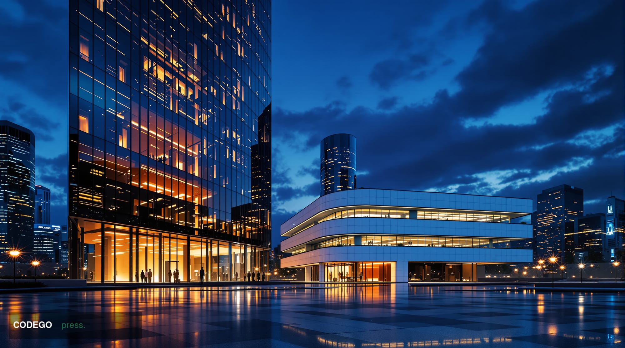 A photorealistic cinematic editorial photograph depicting a sleek, modernist glass-and-steel corporate campus at dusk in an u