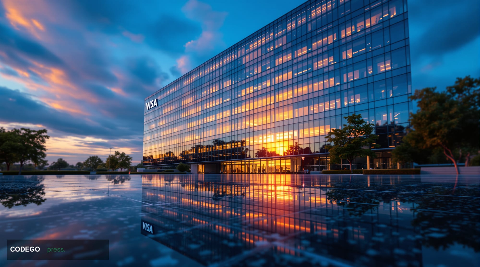 A dramatic cinematic editorial photograph shot from a low angle looking up at a sleek glass-and-steel corporate headquarters 