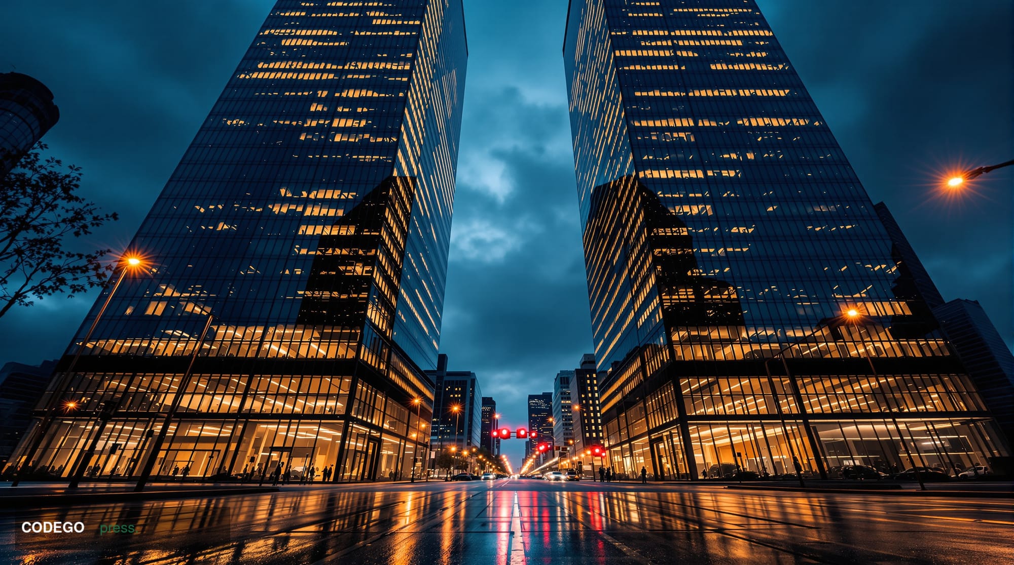 A wide-angle cinematic editorial photograph of two monumental glass-and-steel financial district towers facing each other at 
