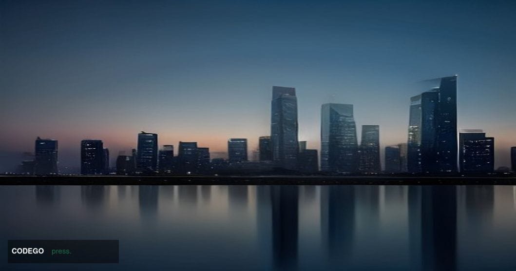 A cinematic editorial photograph depicting a sleek, modern financial district at dusk, centered on a glass-and-steel tower re