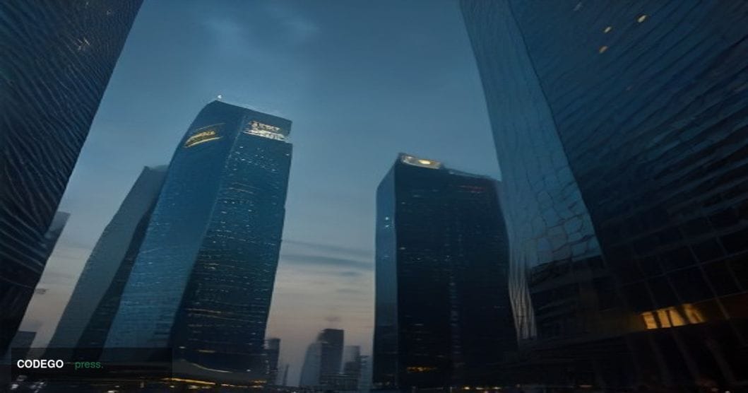 A cinematic editorial photograph taken at ground level looking up at a sleek, modern glass-and-steel financial district tower