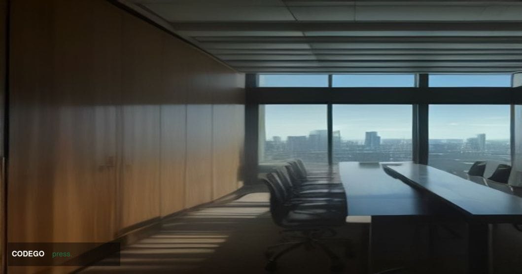 A photorealistic editorial photograph set inside a sleek, modern corporate boardroom recognizable as Visa's Foster City, Cali