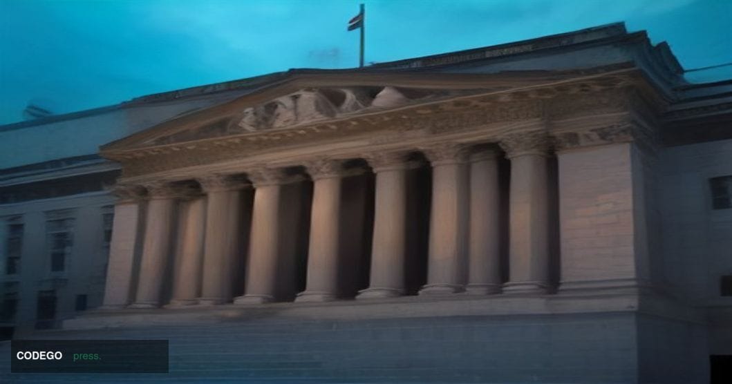 A dramatic photorealistic editorial photograph of the New York Stock Exchange building on Wall Street at dusk, its iconic neo