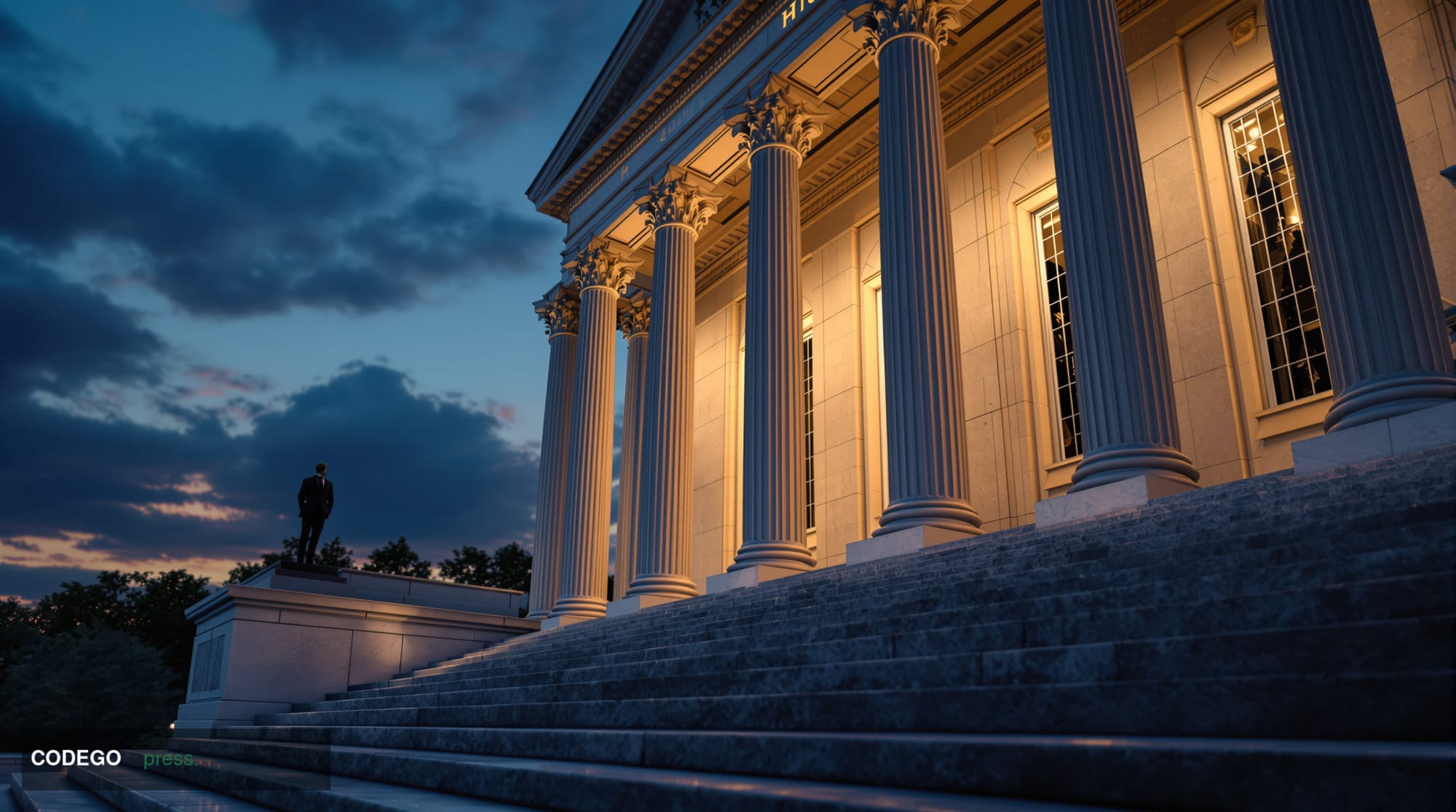 A dramatic wide-angle exterior shot of the neoclassical SEC headquarters building in Washington D.C. at dusk, its pale stone 