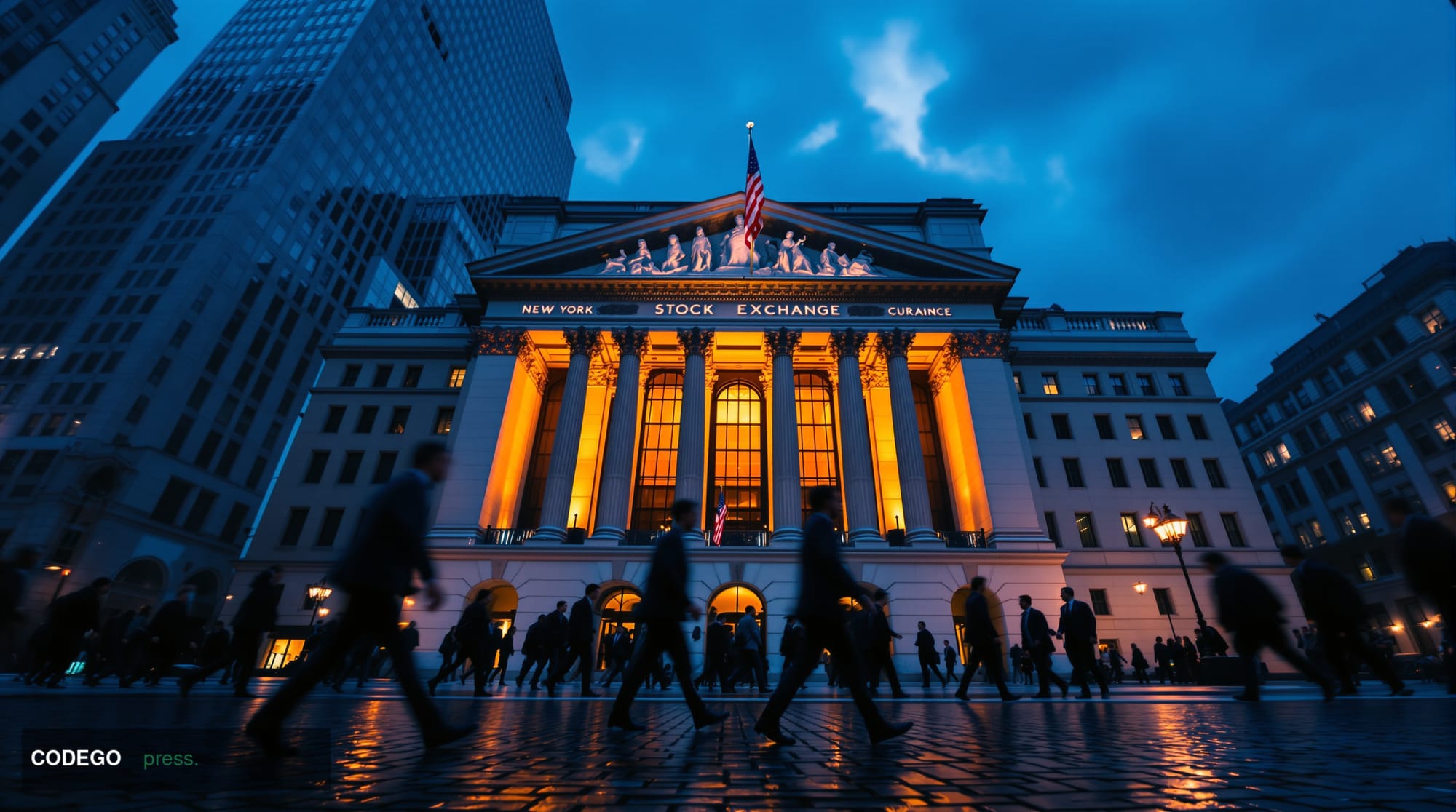 A wide-angle cinematic shot of the New York Stock Exchange's neoclassical stone colonnade facade at dusk, shot from street le