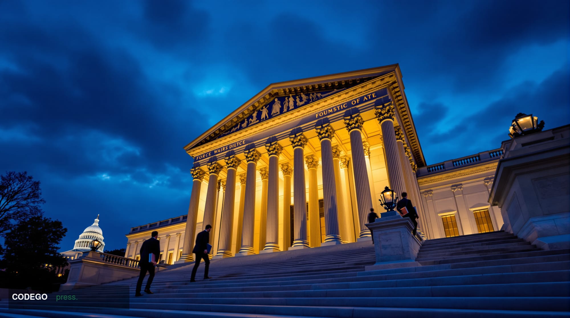 A cinematic photorealistic 8K editorial photograph of the neoclassical facade of a grand federal government building in Washi