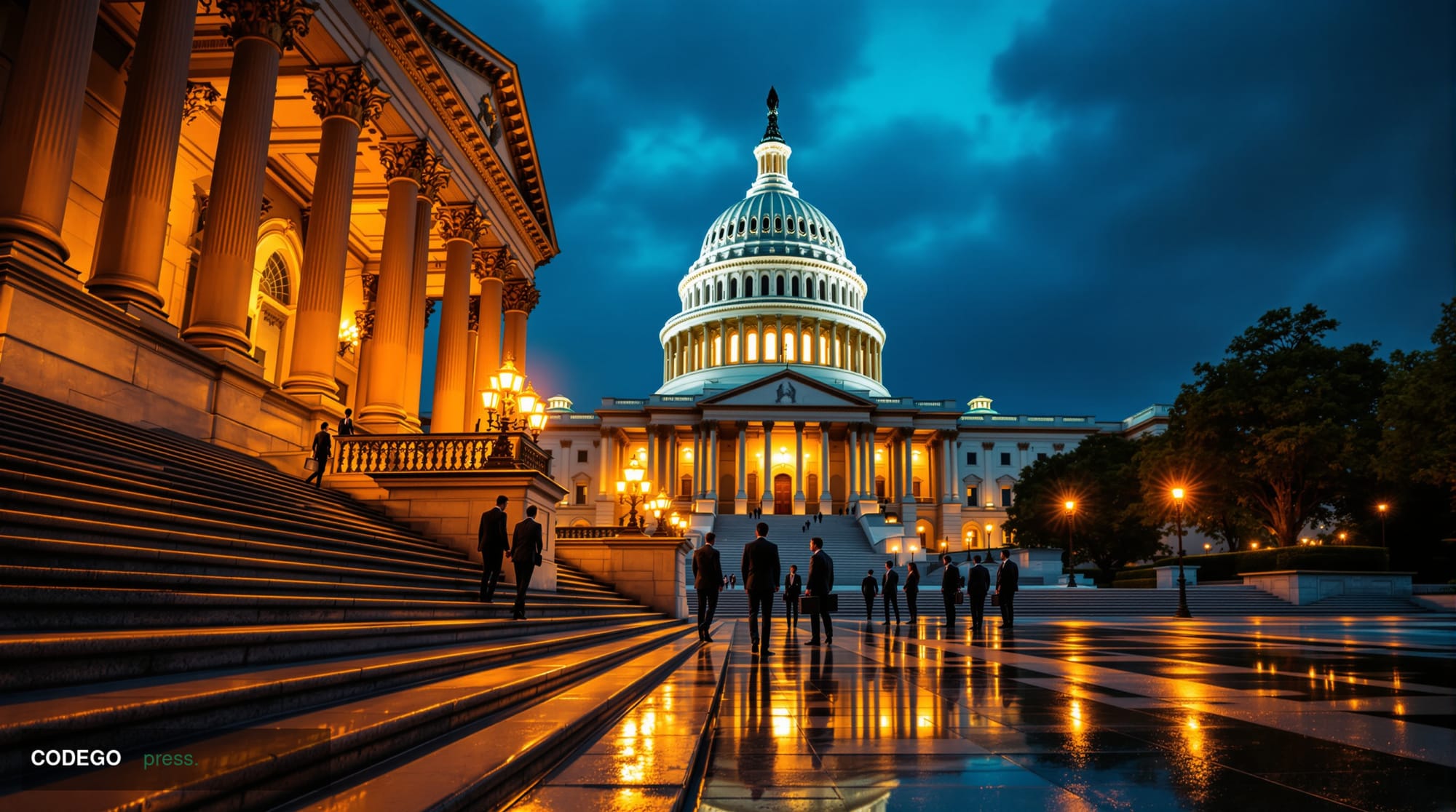 A wide-angle cinematic shot of the United States Capitol building in Washington D.C. at late dusk, viewed from the base of th
