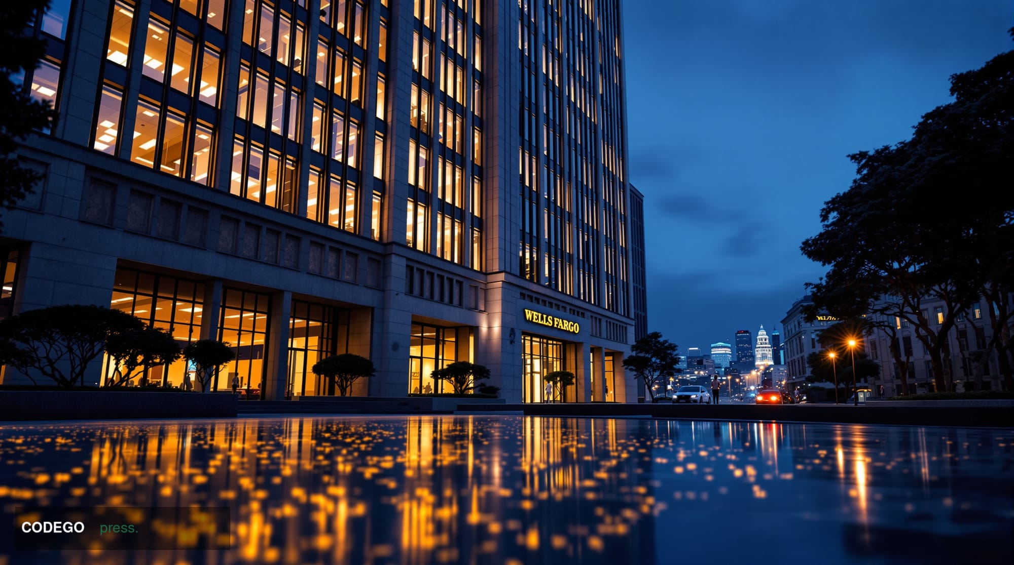 A dramatic wide-angle photorealistic editorial photograph of Wells Fargo's iconic San Francisco headquarters building at dusk