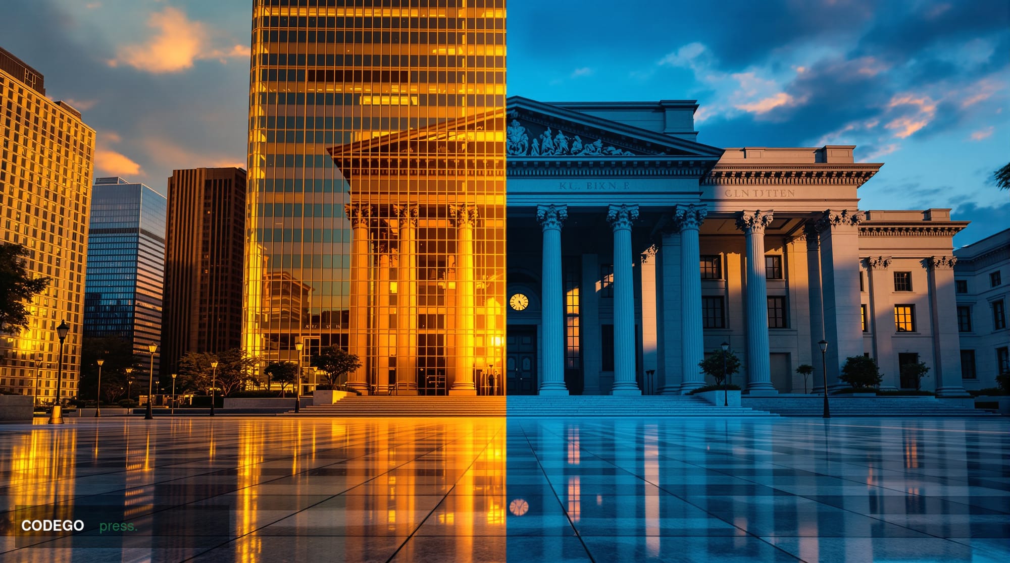 A cinematic editorial photograph depicting two distinct architectural environments separated by visual tension: on the left, 