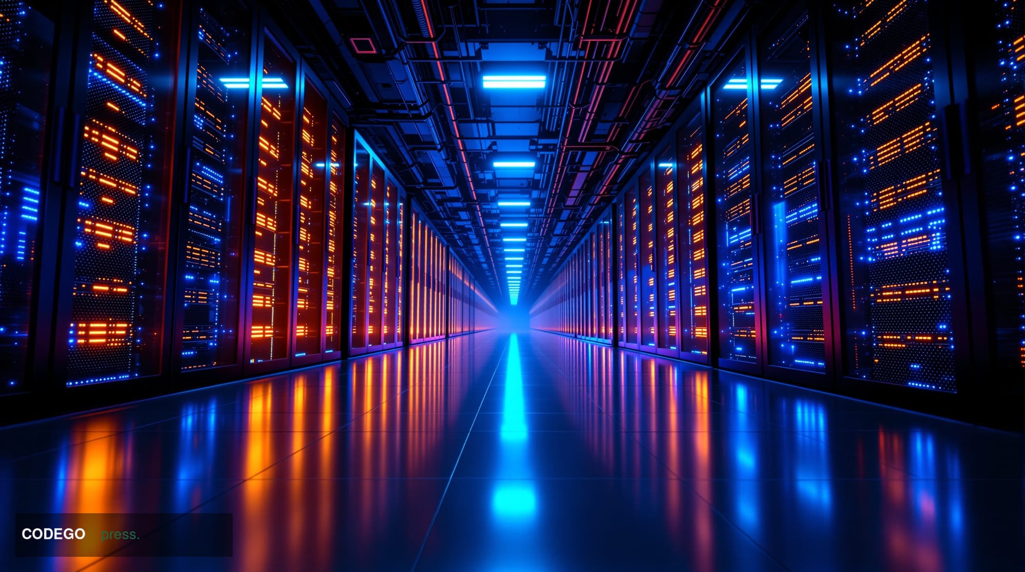 A vast, climate-controlled enterprise data center interior shot from a low wide-angle perspective, with rows of glowing serve