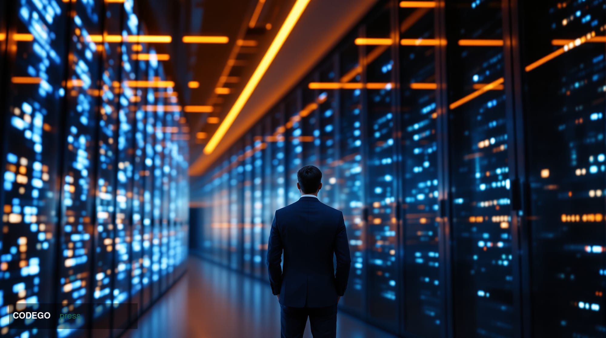 A dramatic cinematic editorial photograph shot from a low angle inside a sleek, darkened financial data center corridor, with