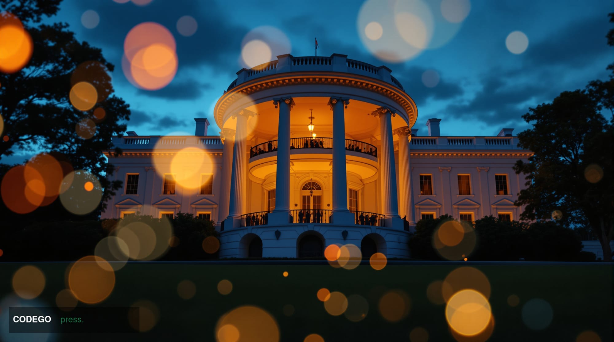 A cinematic photorealistic editorial photograph of the White House's iconic North Portico at dusk, shot from a low wide-angle