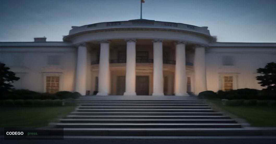 A cinematic editorial photograph taken at dusk outside the north portico of the White House, shot from a low angle with a wid