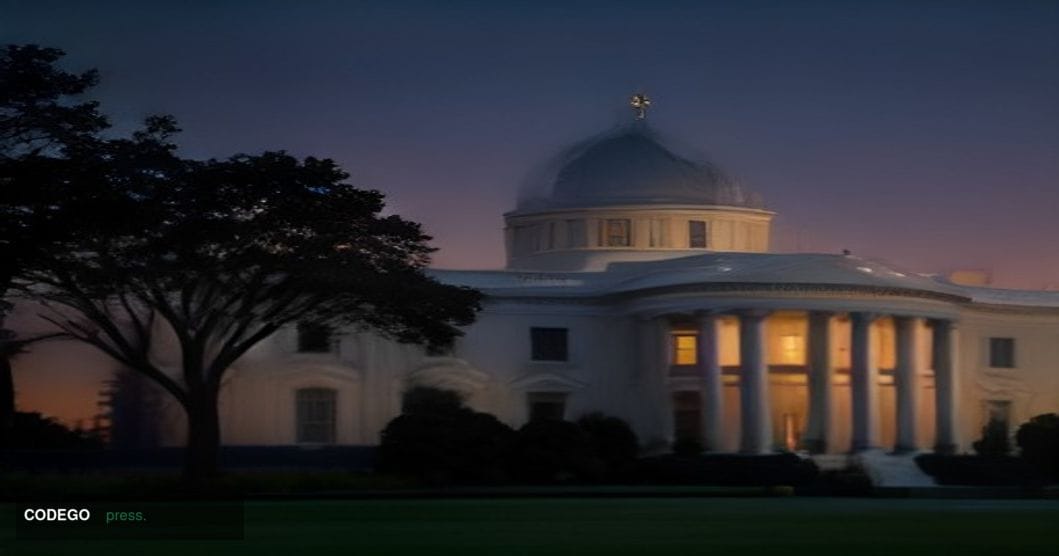 A photorealistic cinematic editorial photograph centered on the exterior of the White House in Washington D.C., captured at d