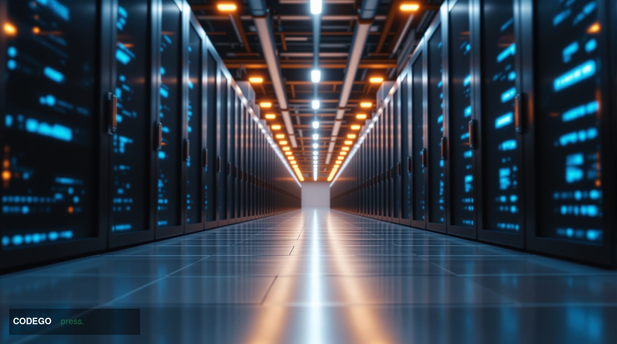 A cinematic editorial photograph of a vast, immaculate financial data center corridor shot from a low angle looking toward a 