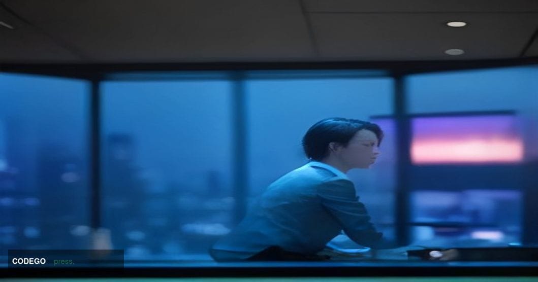 A cinematic editorial photograph shot from a low angle inside a sleek, modern financial newsroom at dusk, with floor-to-ceili