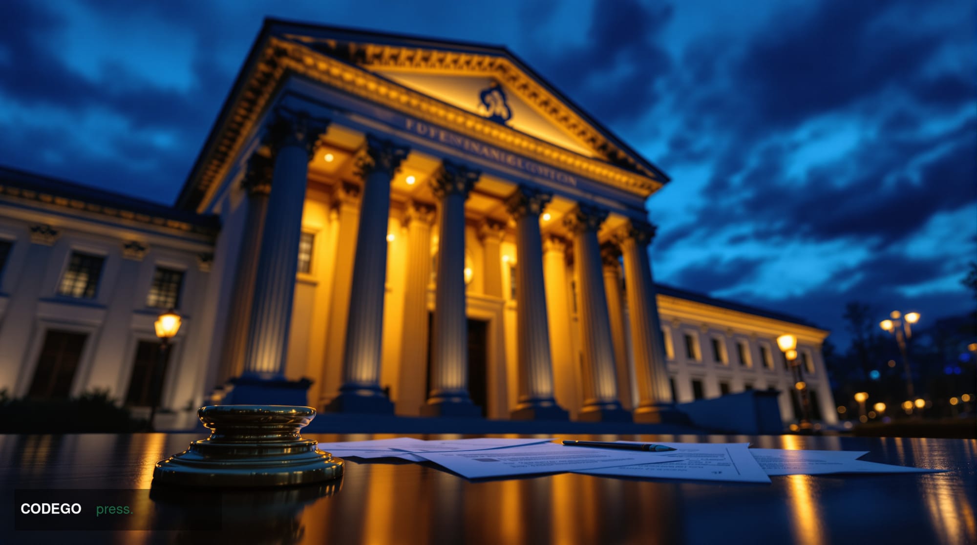 A cinematic editorial photograph capturing the symbolic convergence of traditional banking and cryptocurrency power, set at t
