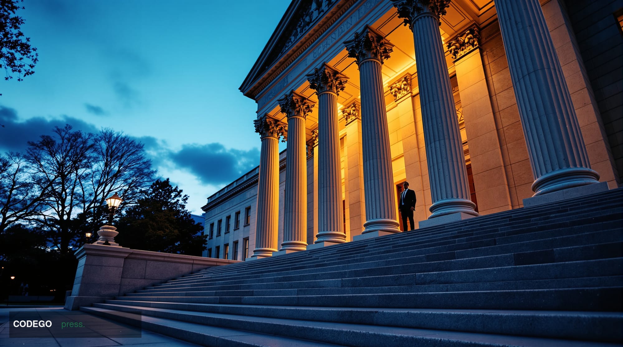 A cinematic editorial photograph of a grand neoclassical federal banking institution exterior at dusk, its imposing stone col